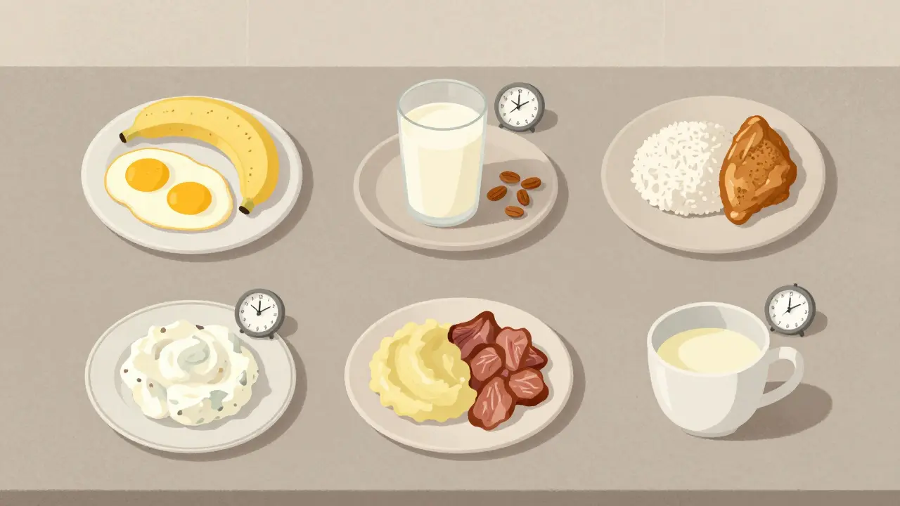 Šest porcí jídla v čase s bílkovinou, sacharidy a tukem na stole.