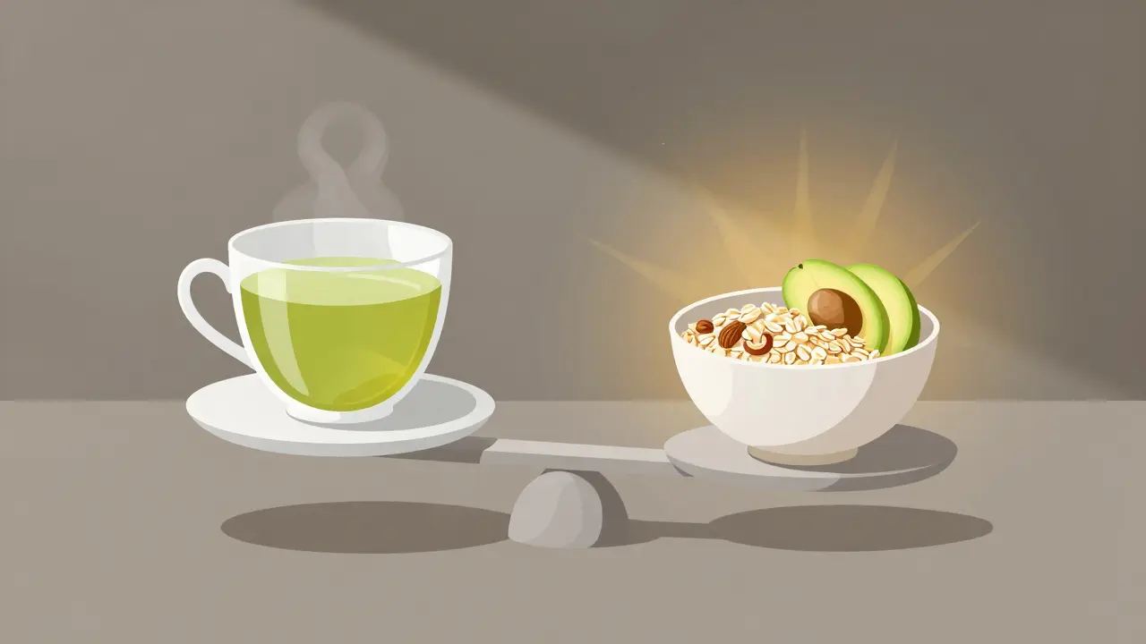 Srovnání zeleného čaje a jídla — jídlo pomáhá tělu lépe zpracovat antioxidanty.