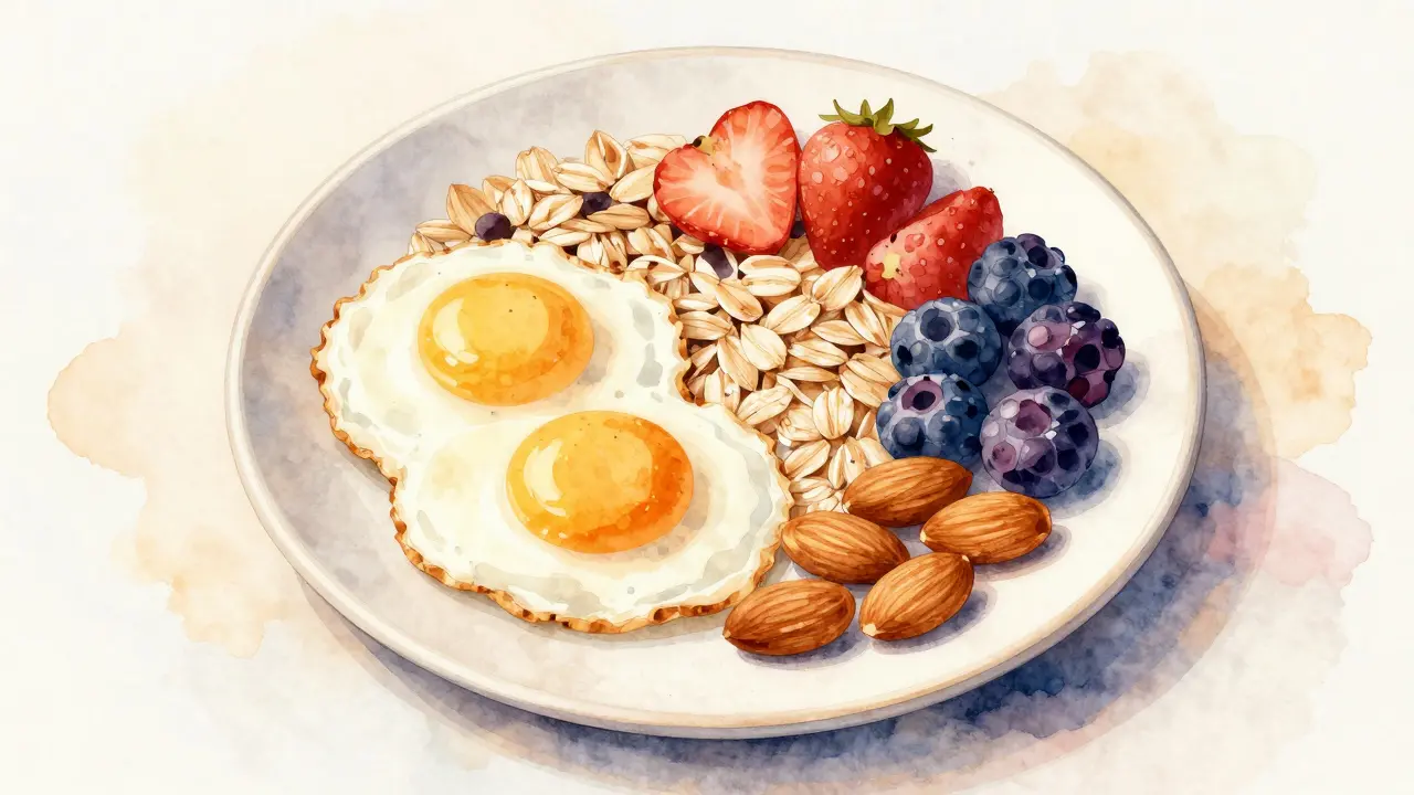 Zdravá snídaně s vejci, jogurtem, oveskami a ovoce na talíři
