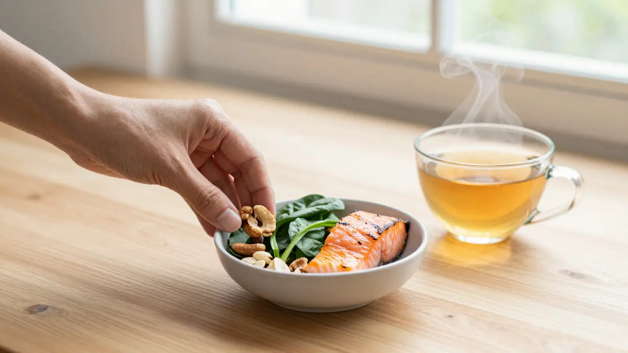 Zdravá večeře s lososem, špenátem a oříšky na dřevěné tabuli.