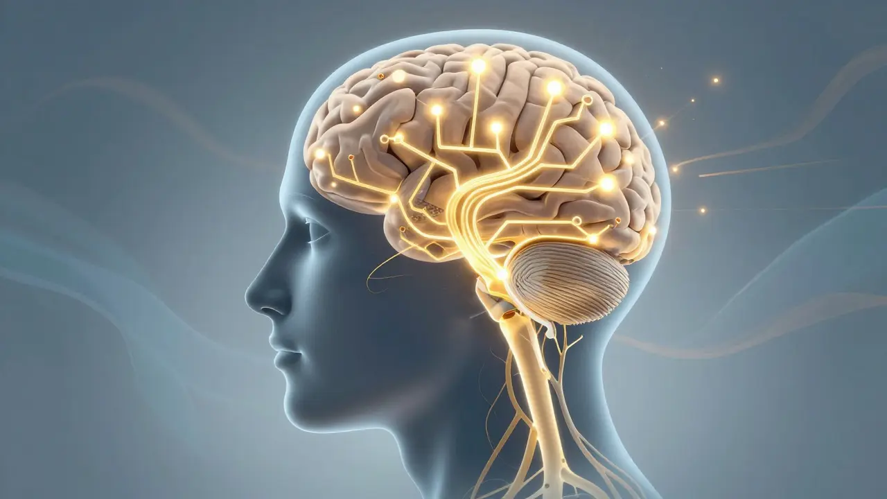 Abstraktní ilustrace mozku s dopaminovými cestami