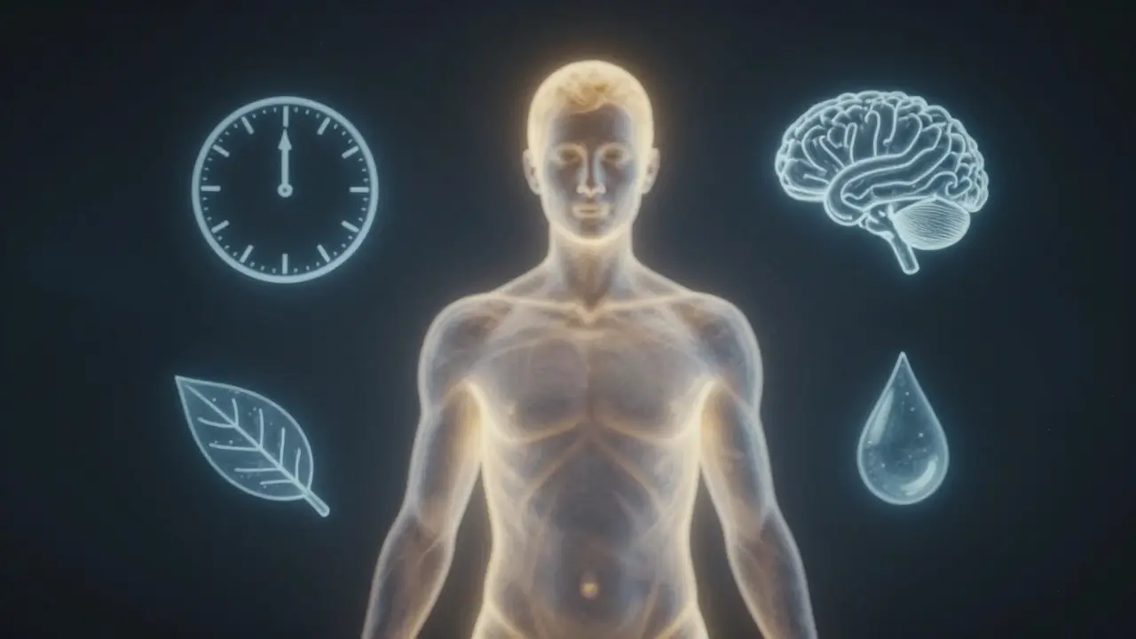 Abstraktní obraz těla v klidu, symbolizující regeneraci během půstu, s hodinami a vodou.