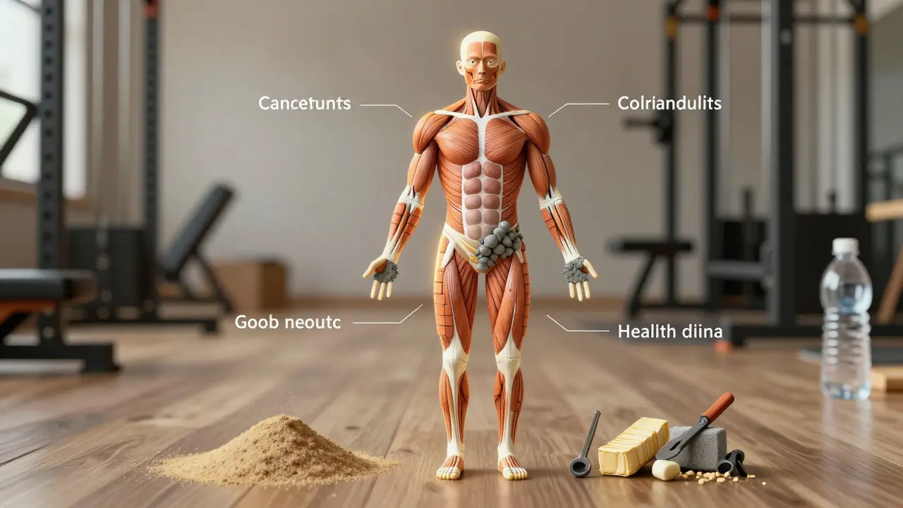 Abstraktní představa těla jako stavebního místa, kde bílkoviny, sacharidy a tuky staví svaly.