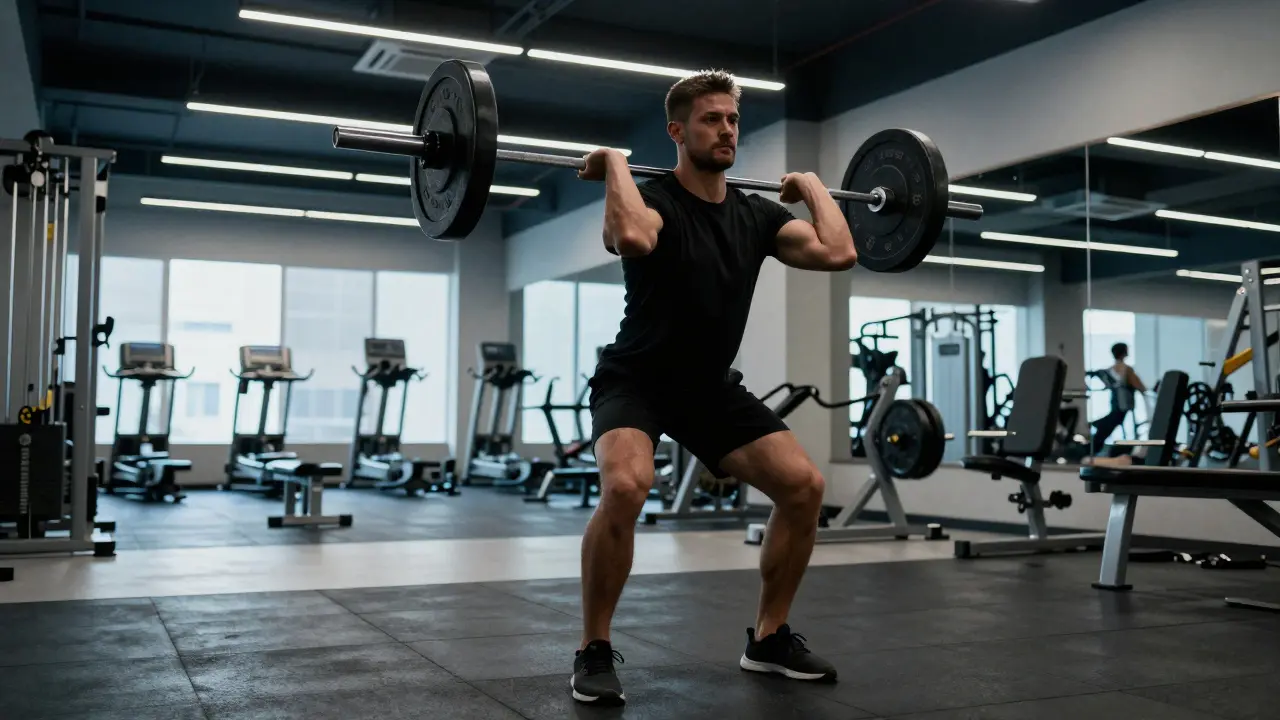 Atlet cvičí s činkami v prosvětleném fitcentru