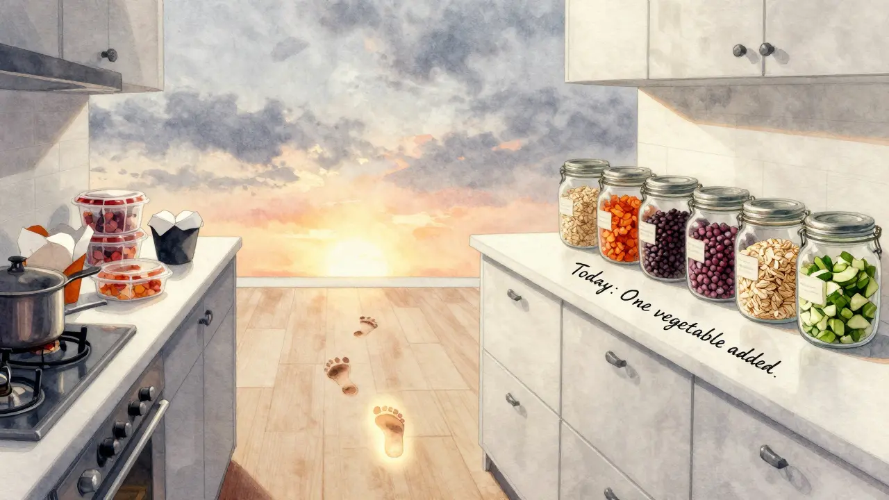 Cesta z nečisté kuchyně k připraveným zdravým potravinám s označením 'Dnes: jedna zelenina'.