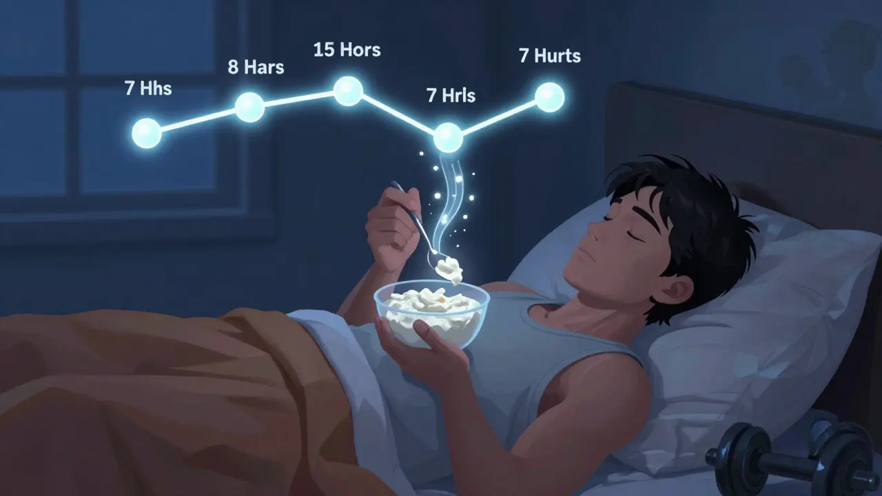 Člověk večer jedí tvaroh v posteli, s vizualizací pomalého uvolňování bílkovin