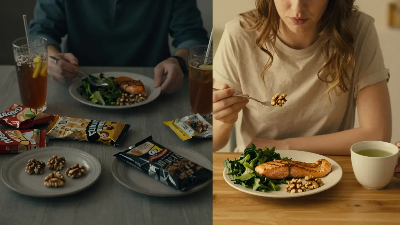Dvě varianty jídla: chaos zpracovaných potravin napravo, jednoduché zdravé jídlo vlevo.