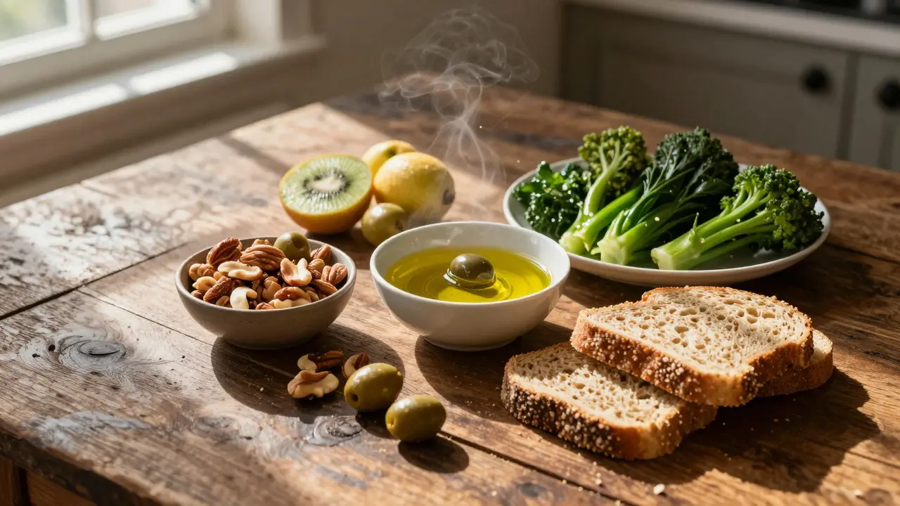 Kalorické potraviny jako ořechy a olej na dřevěném stole