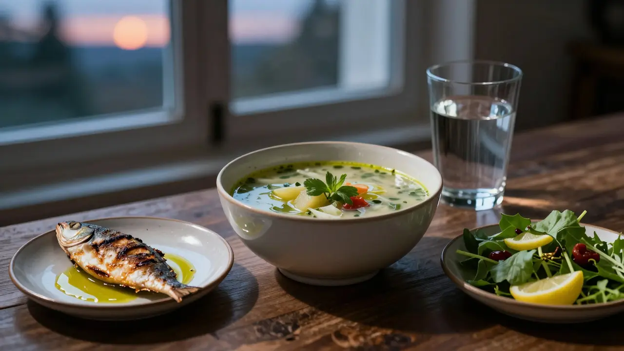 Lehká večeře s zeleninovou polévkou a salátem ve večerním světle.