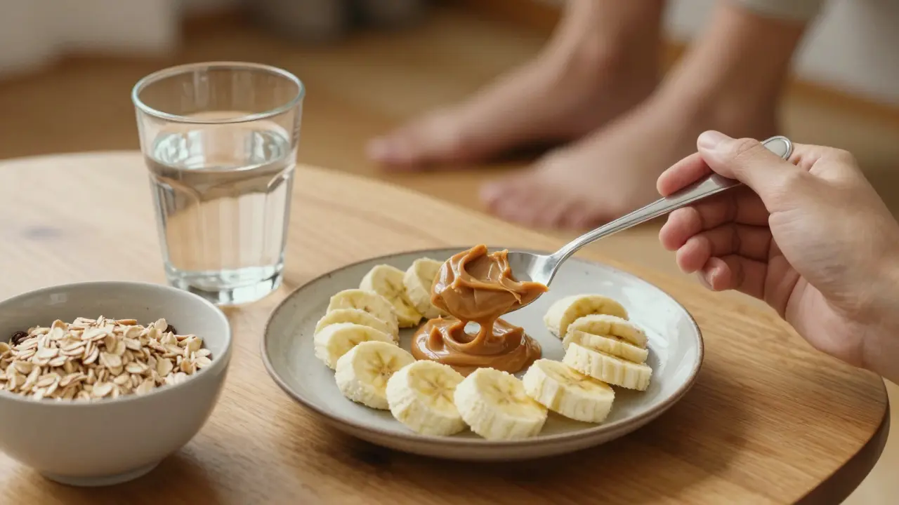 Lehký snídaněvý jídelníček s banánem, arašídovým máslem a ovesnými vločkami ráno.