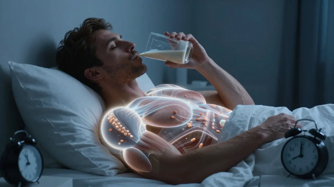 Muž pije pomalý protein před spaním, při čemž aminokyseliny proudí do jeho svalů v temné místnosti.