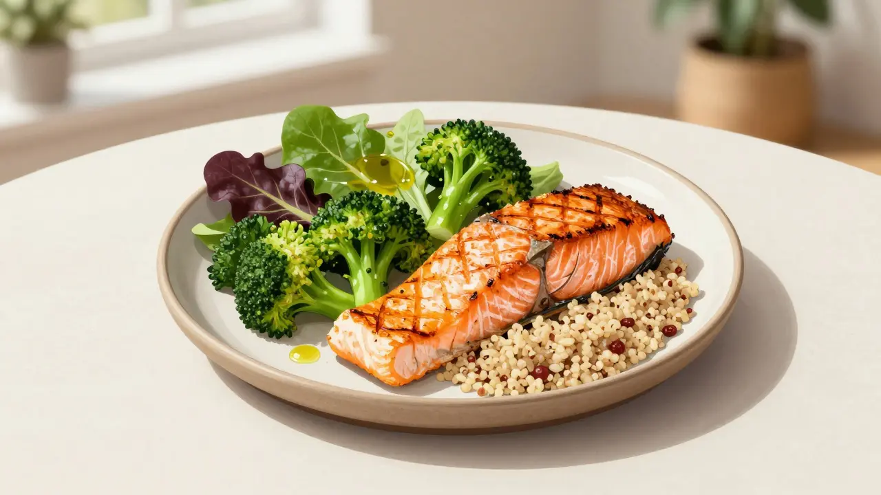 Oběd s grilovaným lososem, brokolicí a quinoou na talíři.
