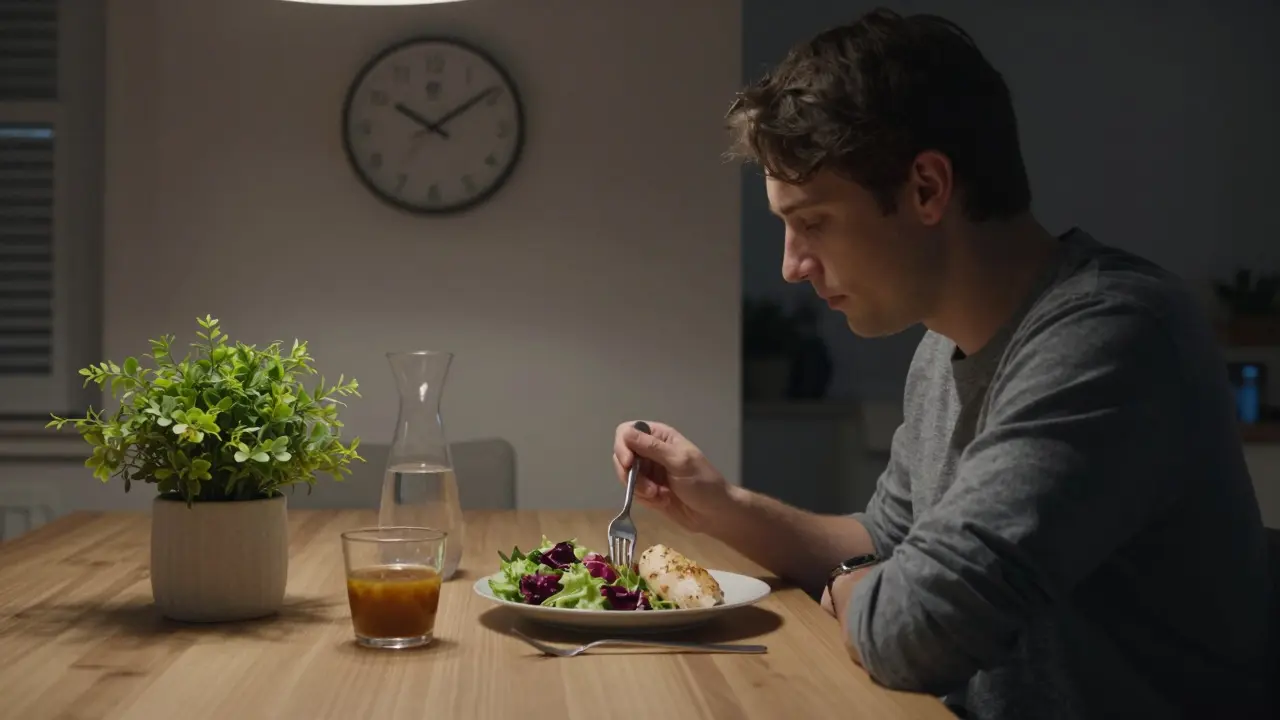 Osoba jedící kuřecí řízek se zeleninovým salátem večer v klidné kuchyni.