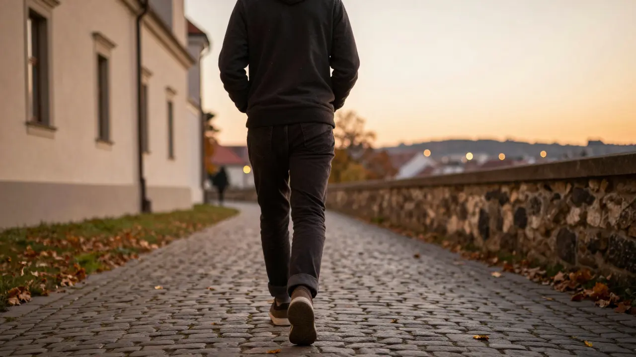 Osoba kráčí po cestě kolem Štýrského hradu v Brně za zlatého hodiny, klidná a pokojná atmosféra.
