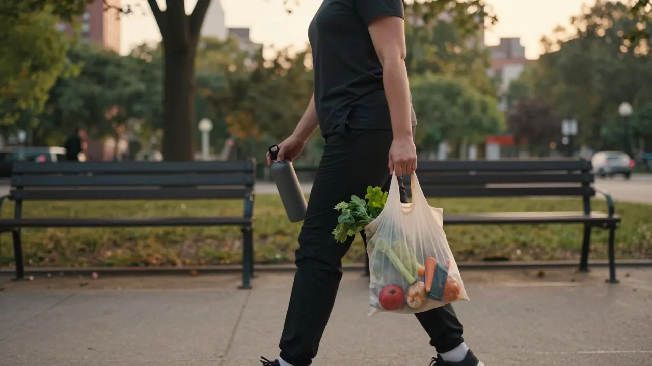 Osoba kráčí v městském parku ráno s láhvičkou vody a taškou čerstvé zeleniny, za ní klidná městská krajina.