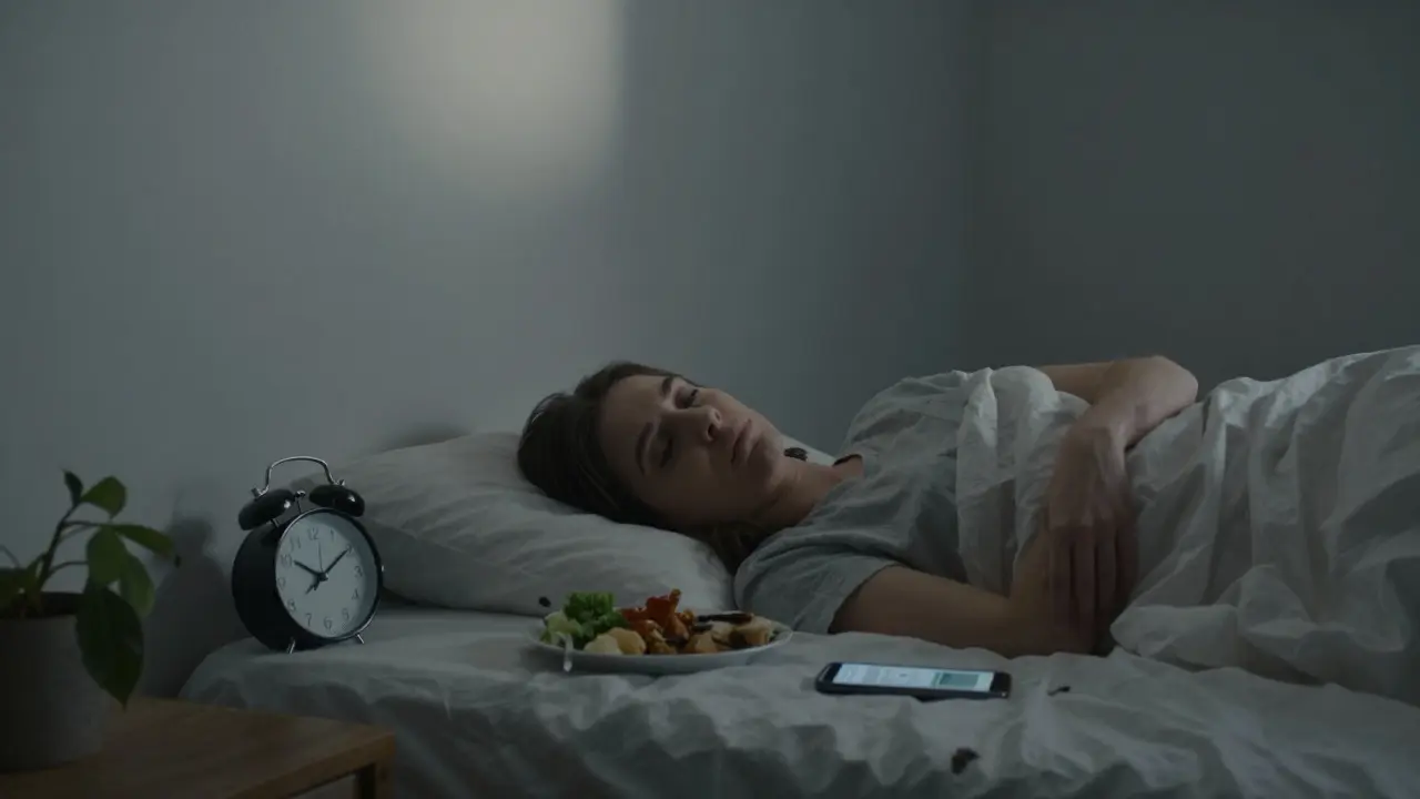 Osoba leží v posteli v noci, kolem ní předměty symbolizující vyčerpání a nespokojenost.