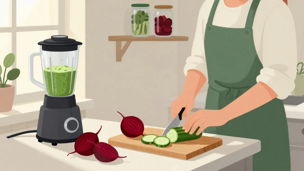 Osoba připravuje zeleninovou snídani ve švédském kuchyňském prostoru s připravenými zeleninami v skleněných nádobách.