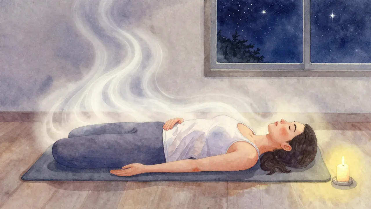 Osoba se uvolňuje po jemném protahování večer, kolem ní prchají energie do klidu.