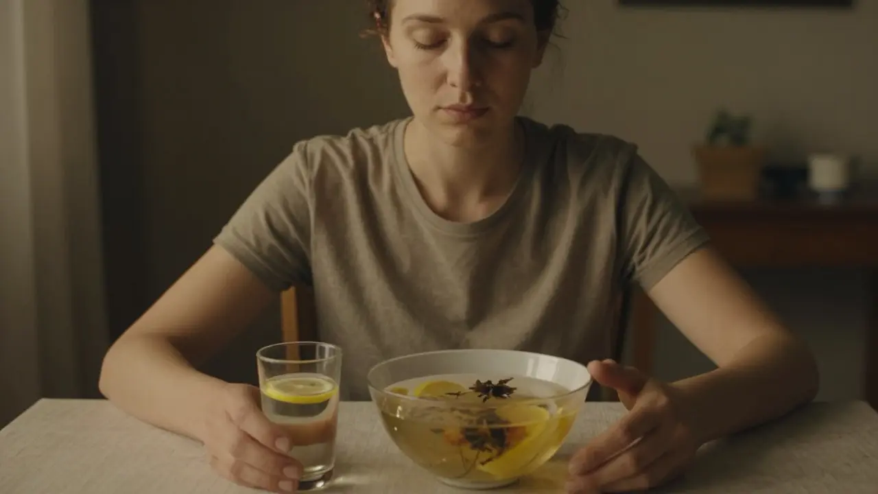 Osoba sedí v klidu s citronovou vodou a bylinkovou polévkou, jemné zlaté osvětlení.