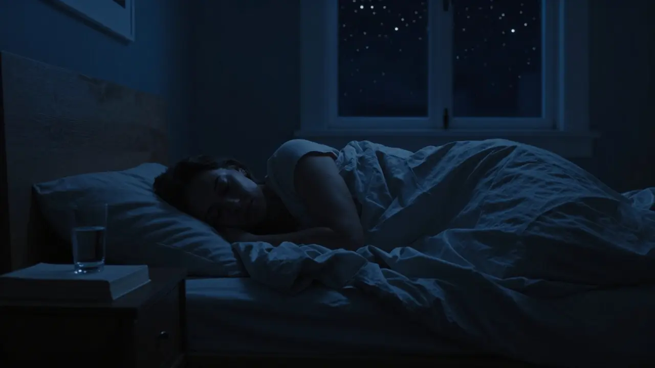 Osoba spí v tmavé, klidné ložnici bez obrazovek, hvězdy jsou vidět venku.