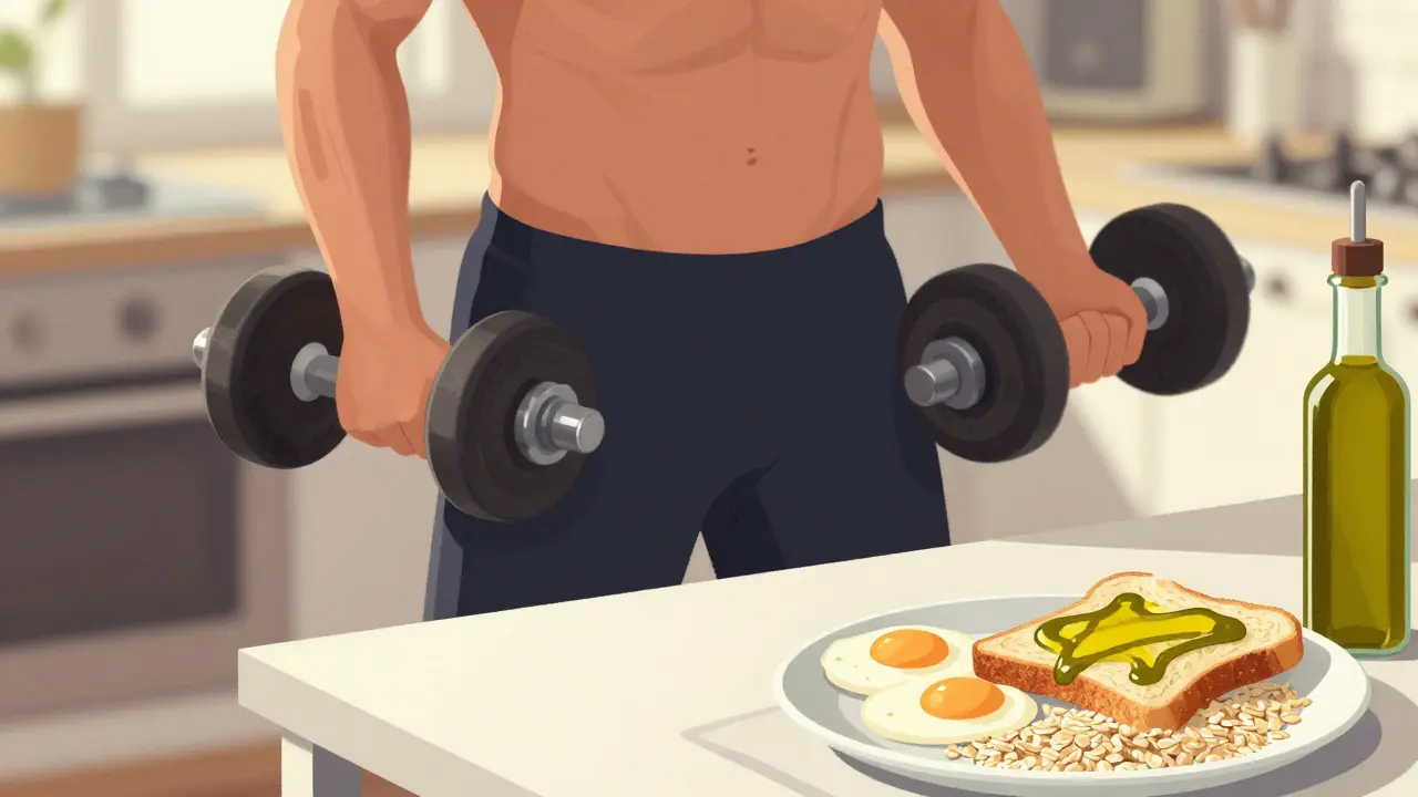 Osoba trénuje s činkami, na stole jídlo s vajíčky, oveskou a olivovým olejem.