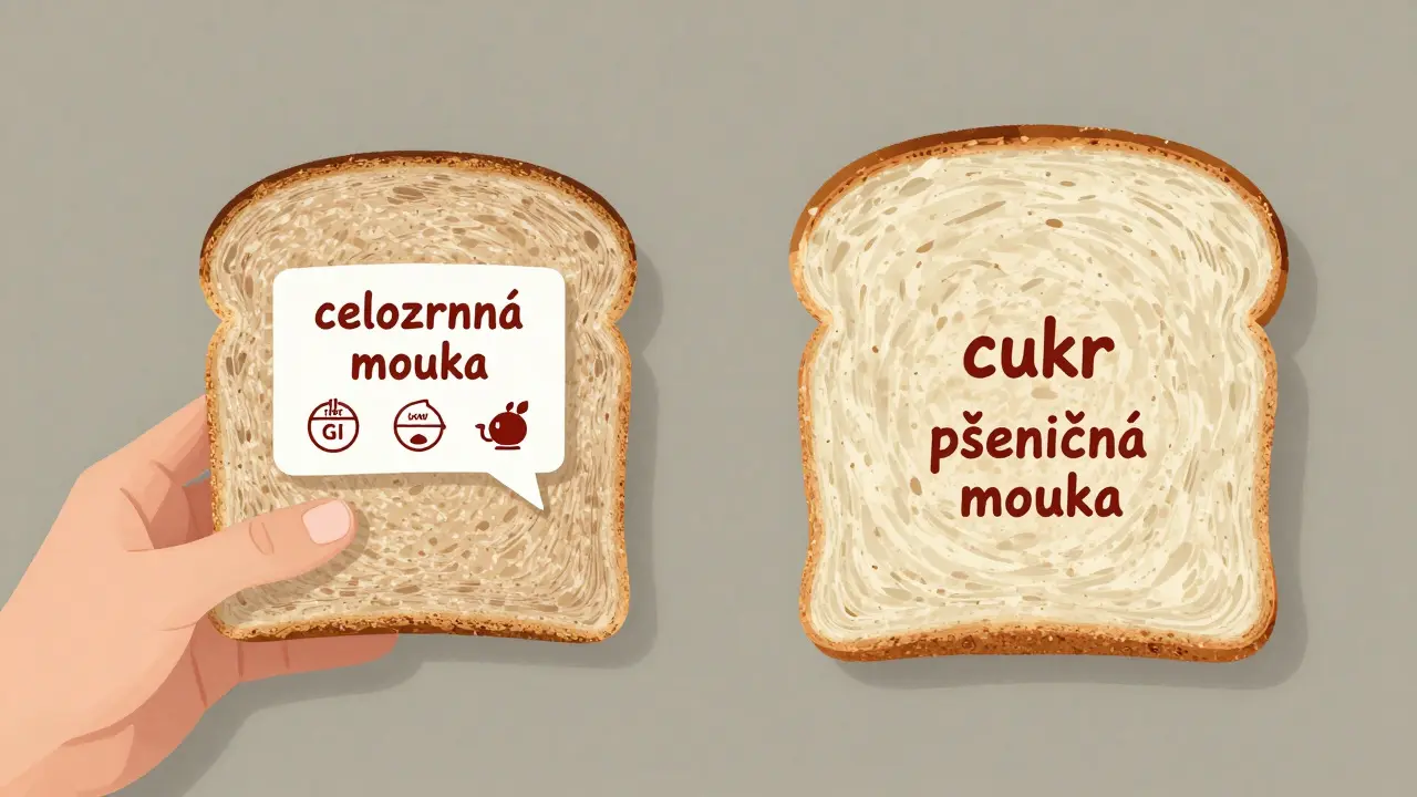 Porovnání kvalitního celozrnného chleba s běžným bílým chlebem podle složek na etiketě.