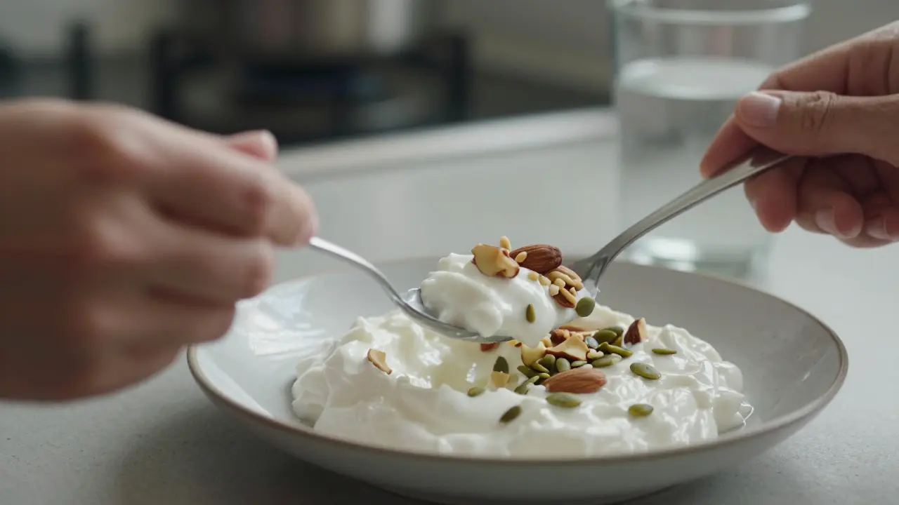 Ruce klade jogurt s oříšky a semínky na talíř, přírodní světlo zdůrazňuje textury.