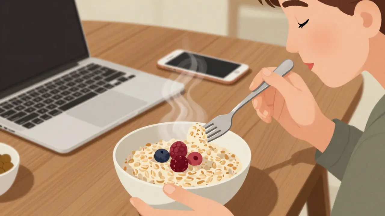 Ruka pomalu jí s jídlem, telefon a počítač jsou v pozadí vypnuté.