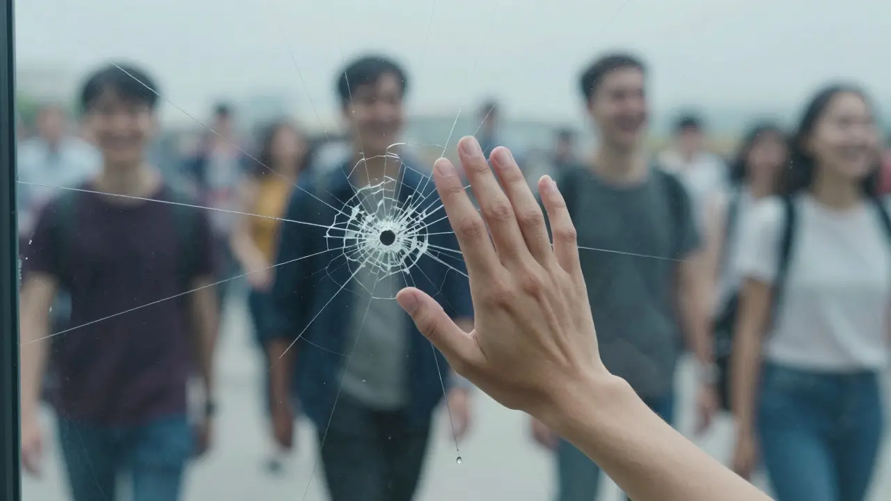 Ruka se dotýká skleněné stěny, za níž se pohybují nezřetelné postavy, symbolizující izolaci.