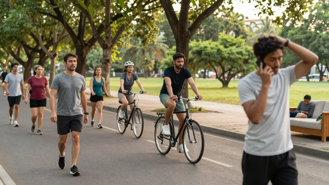 Různí lidé se pohybují v běžném dnu: chodí, jezdí na kole a táhnou v domácnosti.