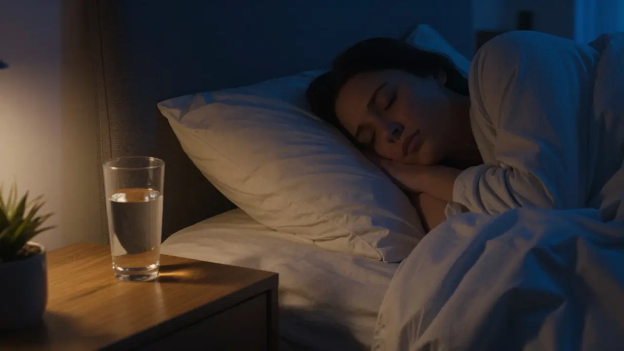 Sklenice vody na nočním stolku v tmavé místnosti před spaním.