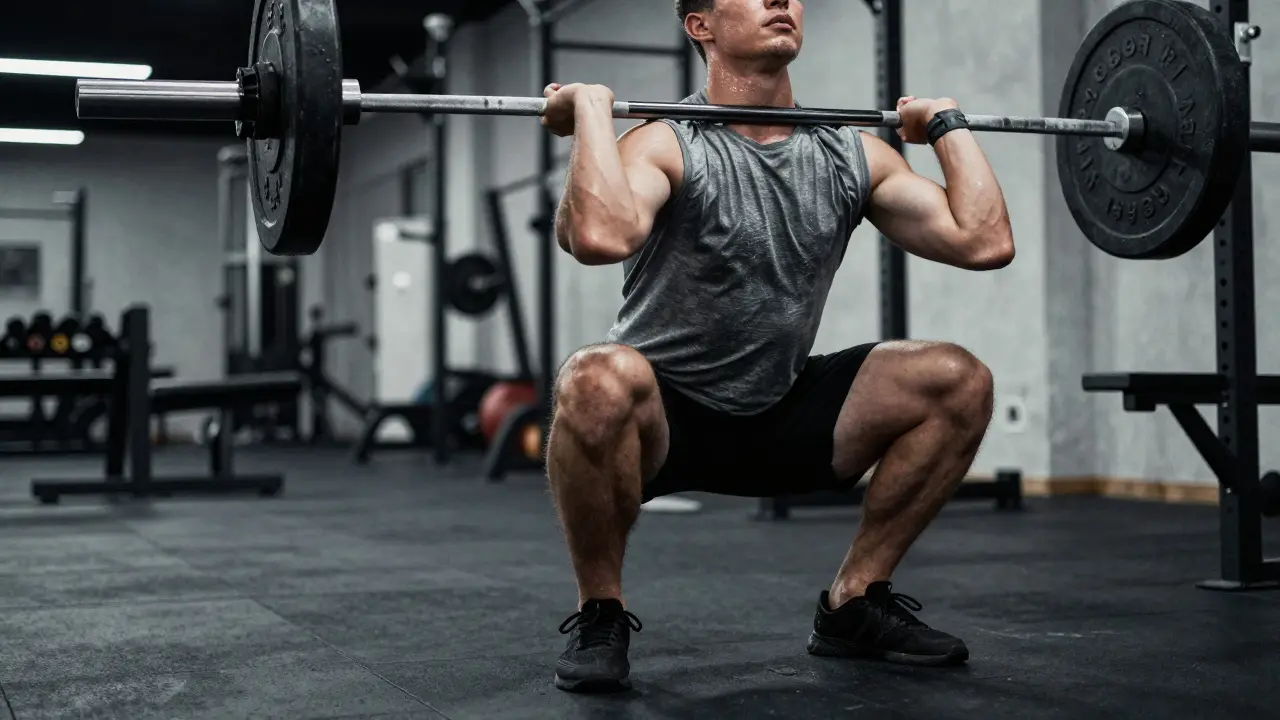 Sportovec během silového cvičení s činkou v temné posilovně pro růst svalů.