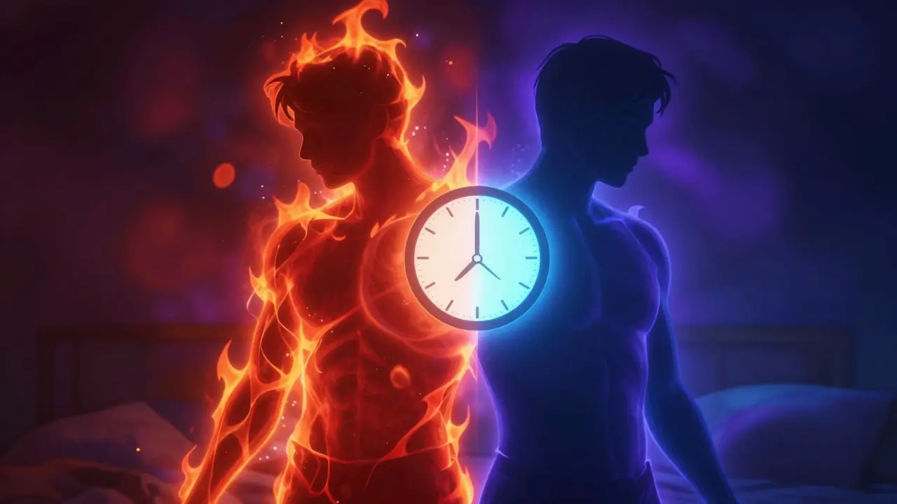 Tělo rozdělené na dvě části: jedna aktivní a vzrušená, druhá klidná a připravená ke spánku.