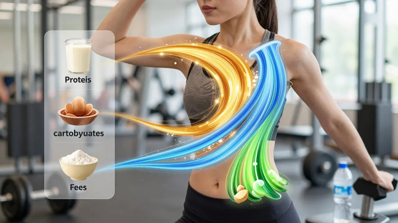 Trénink v posilovně s přehledem výživových látek proudících do svalů jako barevné energie.