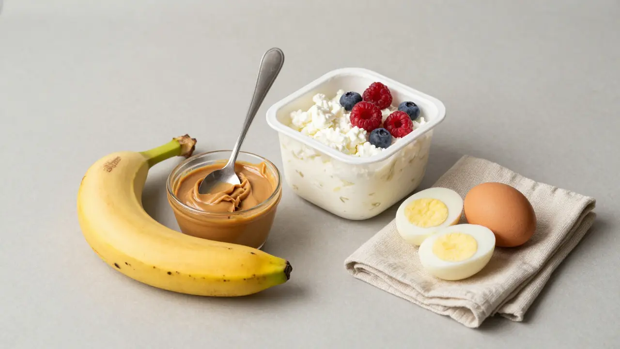 Tři jednoduché potraviny pro začátečníky: banán s arašídovým máslem, tvaroh s jahodami a vařená vajíčka.