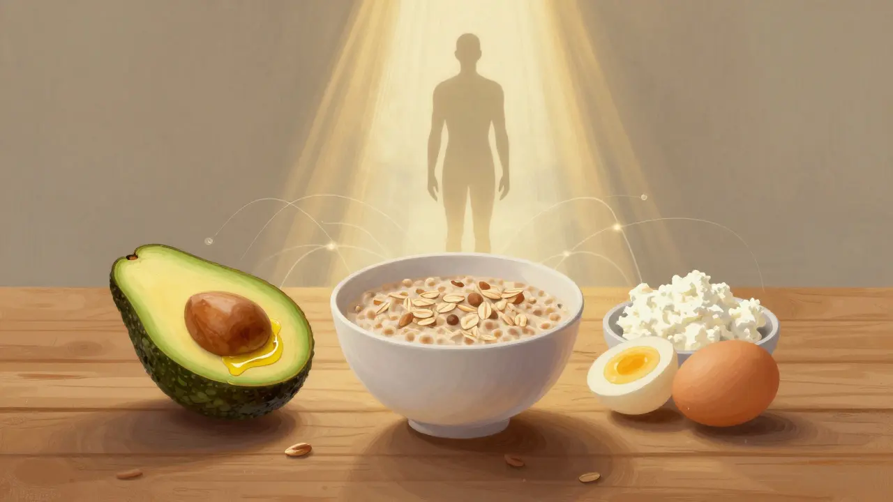 Tři přírodní potraviny – avokádo, oves a vajíčka – s jemným zlatým světlem.