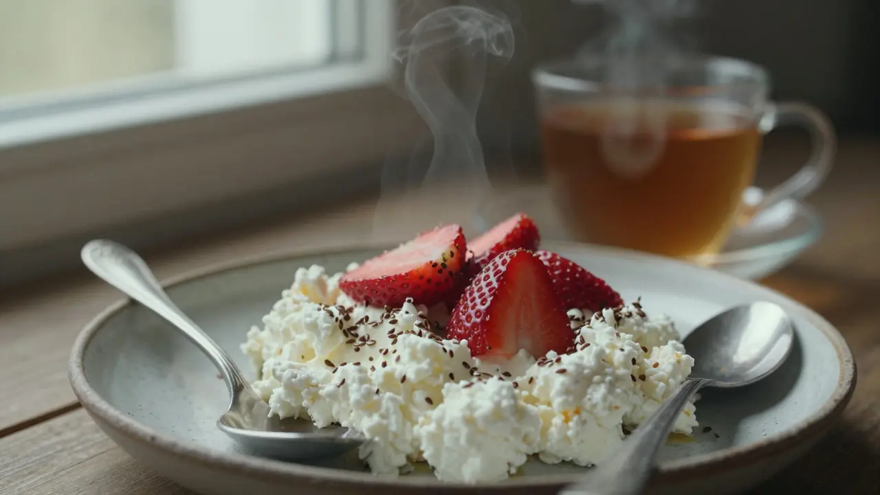 Tvaroh s jahodami a lněnými semínky na keramické desce s hrnkem bylinného čaje.