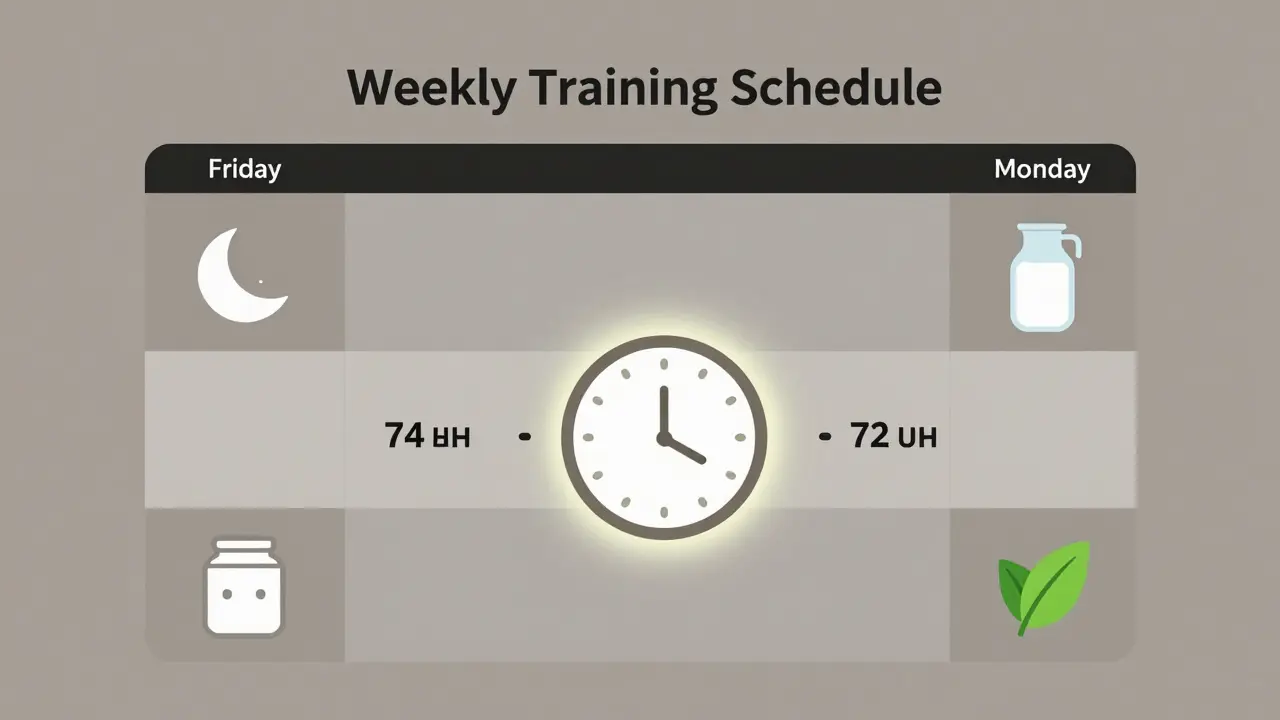 Týdenní plán tréninku s 72hodinovými pauzami, doplněný ikonami spánku a proteinu, znázorňující okno regenerace.