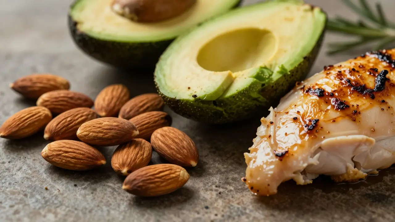 Uspořádání zdravých potravin jako ořechy, maso a ovoce na kameni.