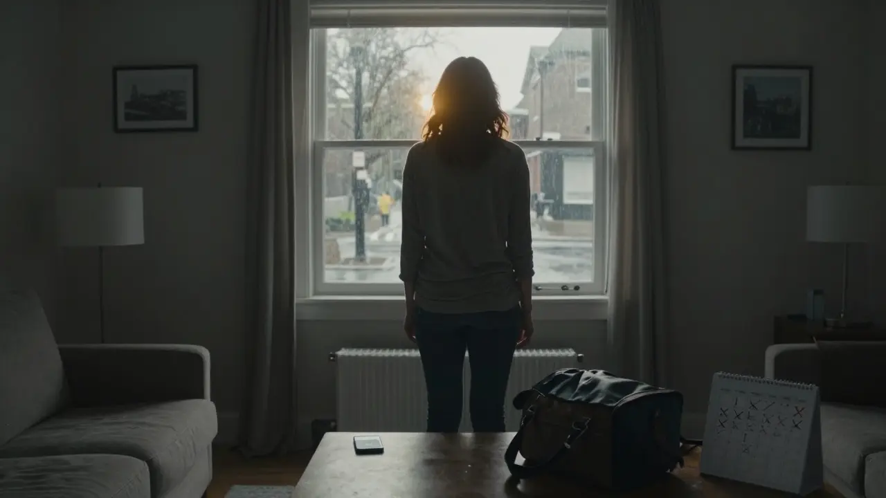 Žena stojí u okna v prázdném bytě, zatímco venku prší; telefon a kalendář na stole ukazují opuštění.