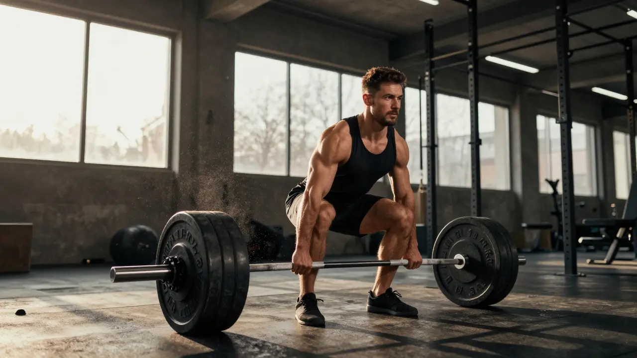 Atlet zvedající těžkou činku v posilovně.