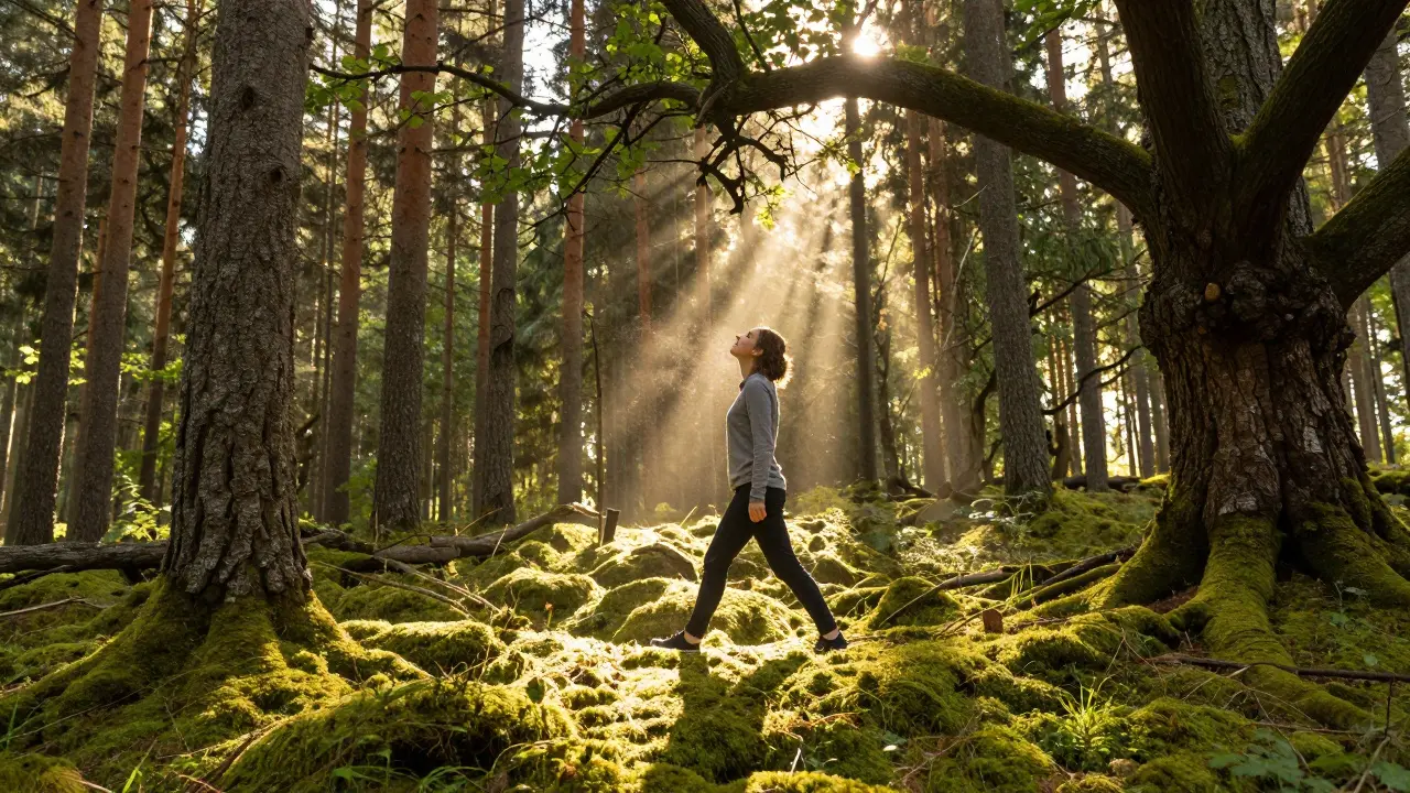 Člověk v borovém lese v momentě mindfulness a hlubokého nádechu.