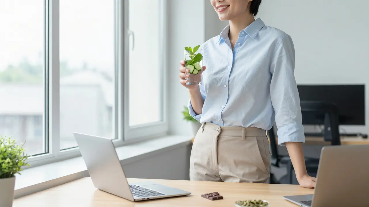 Člověk v kanceláři s vodou s mátou a zdravou svačinou pro udržení vitality.