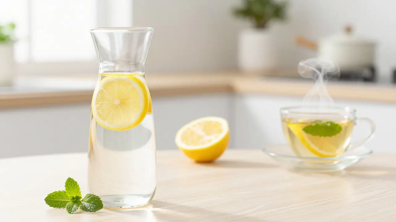 Karafy čisté vody s plátky citronu a bylinkový čaj na světlém stole.