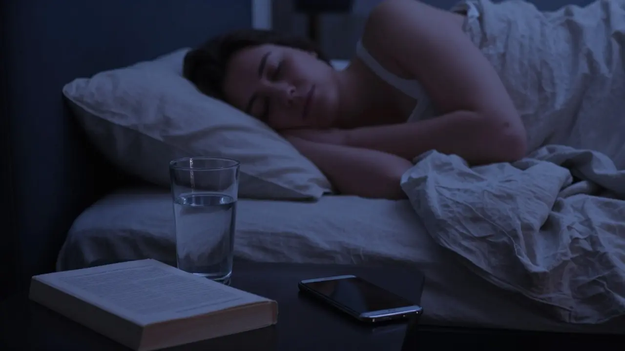 Klidná ložnice s tlumeným modrým světlem připravená pro regenerační spánek.