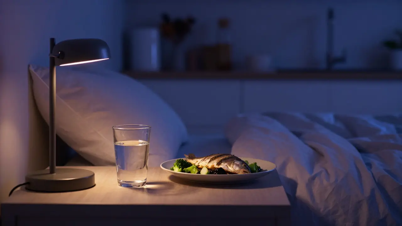 Klidná večerní atmosféra v ložnici symbolizující regeneraci těla před spánkem.