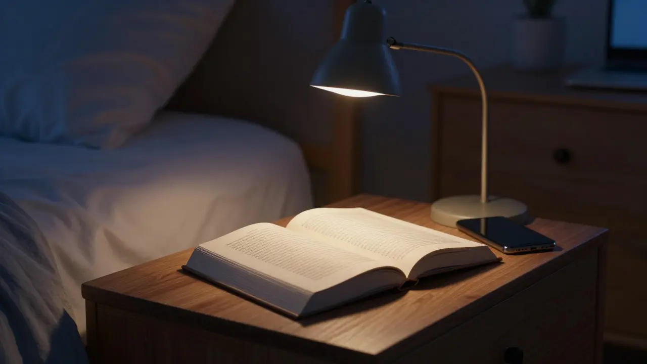 Kniha a lampička na nočním stolku s vypnutým telefonem v tichém pokoji.