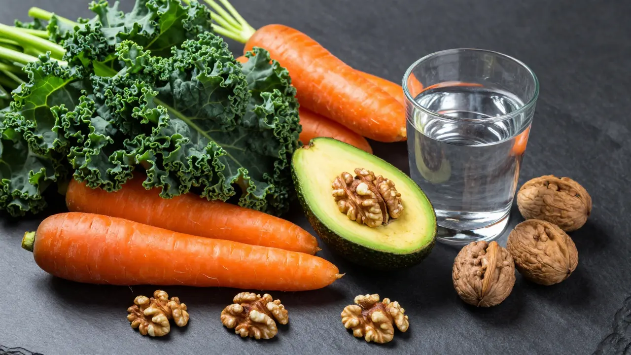 Kolaž čerstvé zeleniny, ořechů a vody na tmavém podloží.