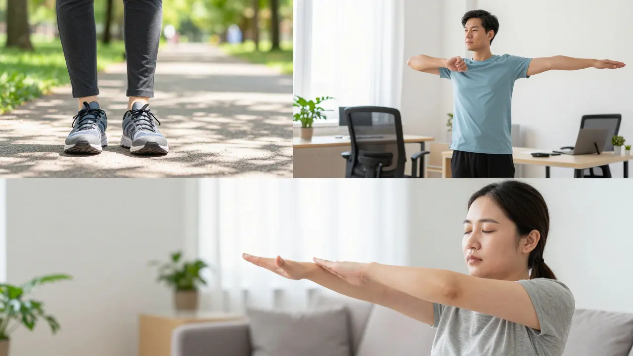 Kolaže znázornující chůzi v parku, protažení v práci a vědomé dýchání.