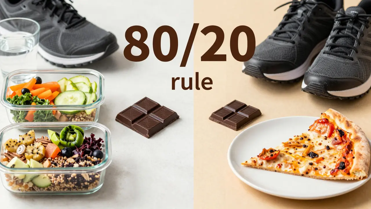 Kombinace připravených zdravých jídel a malého dopřevku z čokolády a pizzy.